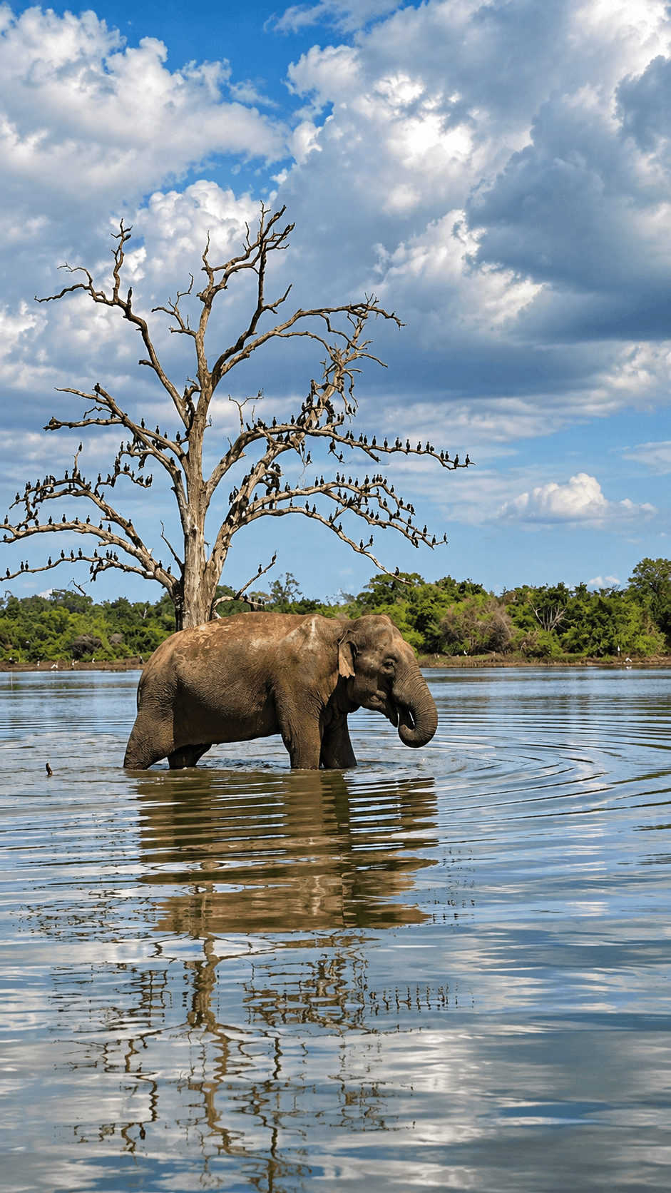 Elephant and Birds Beneath Dramatic Skies
